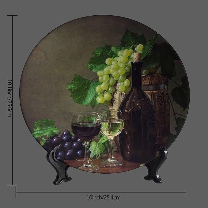 Decorative Plate Stand, 10 Inch, Grapes and Wine On Wooden Table Round Display Plate, Table Top Plate Decor with Stand, for Kitchen Living Room Office Countertop Decor