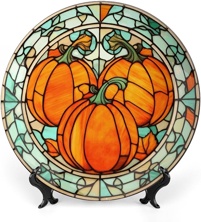 Stained Glass Watercolor Pumpkin Decorative Plates Home Decor Ceramic Plates, Fall Season Dinner Plates Display for Living Room, Kitchen, Hallway Console Side Table, Thanksgiving Gifts, 10 Inch
