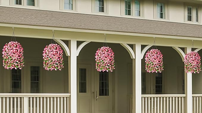 Artificial Faux Hanging Flowers Basket for Spring Summer Outdoor Porch Decor, Fake Silk Colorful Morning Glory Eucalyptus in Planter UV Resistant Look Real for Home Patio Balcony Yard(Pink)