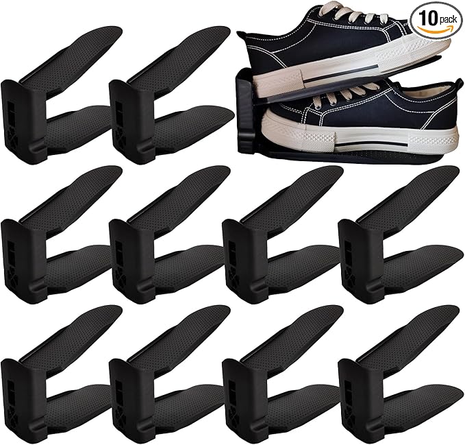 Shoe Slots Organizer, Shoe Stackers Space Saver, Adjustable Double Layer Stack Shoe, Take Up Less Space & Organize More Shoes, Holder for Closet Organization (Black, 10 Pack)