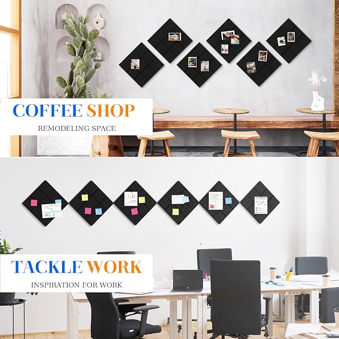 DOLLAR BOSS Felt Cork Board Tiles, 6 Packs 12" x 12" 1/2" Thick Bulletin Board Adhesive Acoustic Panels Soundproof Corkboards for Walls with 60 Pushpins for Home Office Kitchen School, Grid