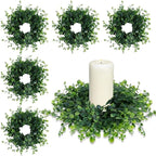 6 Pcs Mini Green Boxwood Candle Rings Wreaths Spring Summer Kitchen Cabinet Swags Wreath 3 Inch Wedding Rings Wreaths Pillar Candle Holder for Wedding Home Door Tabletop Decor