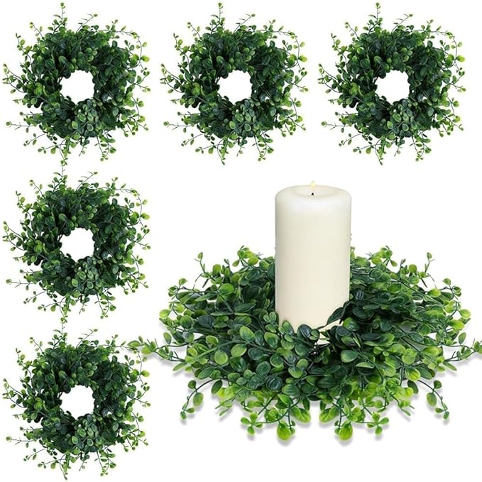 6 Pcs Mini Green Boxwood Candle Rings Wreaths Spring Summer Kitchen Cabinet Swags Wreath 3 Inch Wedding Rings Wreaths Pillar Candle Holder for Wedding Home Door Tabletop Decor