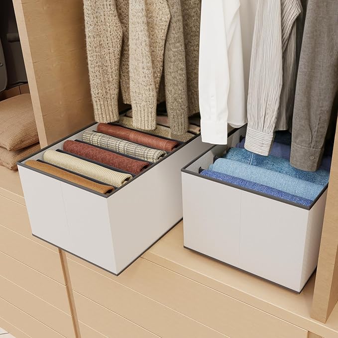 4 Pack Wardrobe Closet Organizer and Storage for Clothes - 7 Grids Foldable Drawer Dividers Organizers for Jeans | Pants | Shirts | Leggings, Stackable Clothing Bins for Closets Organization