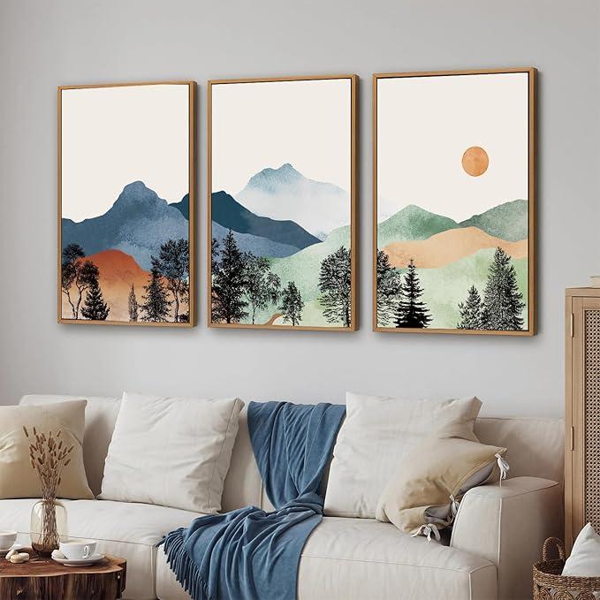 SIGNINART Boho Mountain Framed Canvas Wall Art Set of 3, Watercolor Nature Landscape Art Prints, Modern Sunrise Art Paintings, Green Forest Wall Decor for Living Room, Bedroom, Office 24"x36"x3