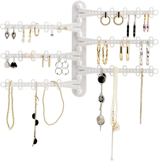 6-Tier 6" Wall Jewelry Organizer, Command Strips included for Easy Hanging, 120 Hole Earring Organizer, Necklace Organizer, Bracelet Holder, Ring Holder, Rotating Branches (White 6-TIer)