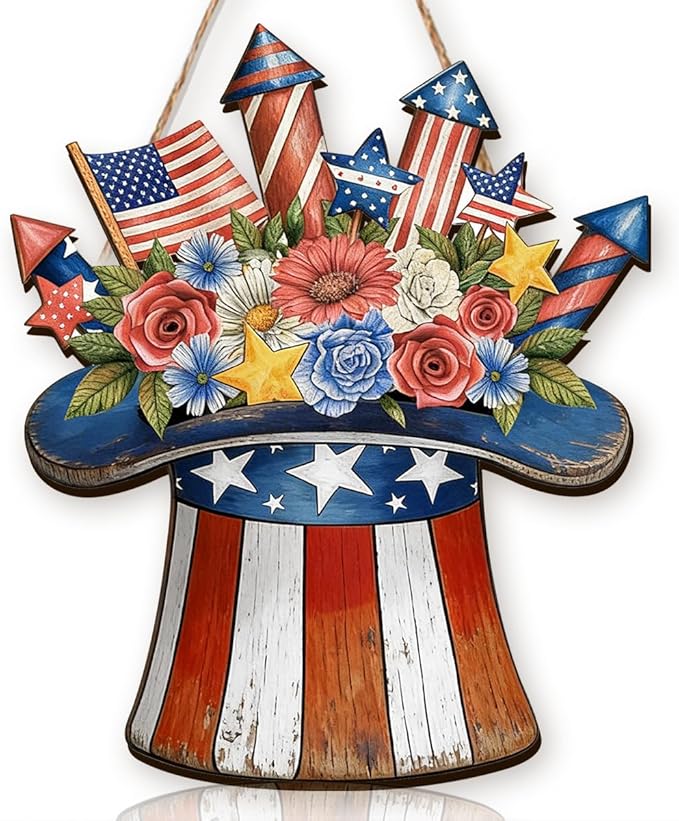 Wooden 4th of July Decorations Patriotic Wreaths for Front Door Independence Day Decorations Star Sign Welcome Memorial Day Hanging for Home Wall Decor Outdoor Indoor Red White and Blue Wreath 7