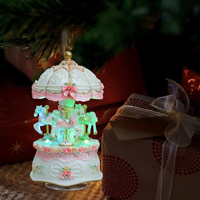 Carousel Music Boxes for Women: 3-Horse Luminous Rotating Musical Boxes Gifts - Color Change LED Lights Musical Gift for Birthday Christmas Pink Music Box