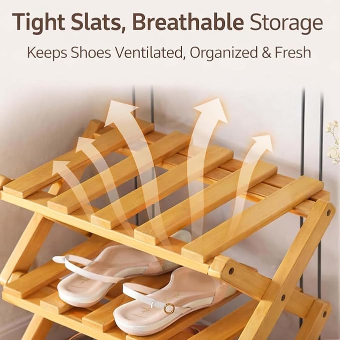 DDRIC The 9-Tier No-Assembly Bamboo Rack, Foldable 9 Tier Bamboo Shoe Rack with Collapsible Vertical Design, Space-Saving Shoe Storage Shelf for Entryway Closet Dorm, No-Tool Assembly (Brown,3)
