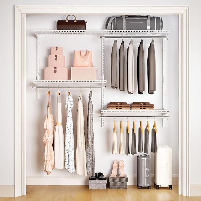 Wire Closet Organizer System, Wall Mounted 4.4 Ft. Custom Closet Kit for Bedrooms Laundry Mudroom Garage Basement, Adjustable Storage Shelves for Clothes Shoes Handbags