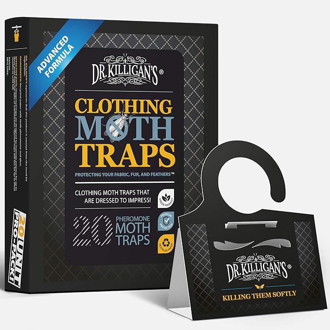 Dr. Killigan's Premium Double Potent Clothing Moth Traps with Pheromones Prime - Trap with Lure for Clothes Closets & Carpet - Case Making & Web Spinning Moth Prevention (20 Pack, Black)
