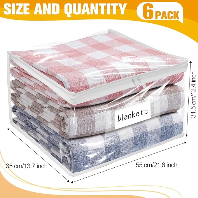 Plastic Storage Bags with Easy-Glide Zipper, Pack of 6, Durable Clear Vinyl Zippered Storage Bags for Clothes Sweaters Comforters Blankets Sheets Bedding (21.6 x 13.7 x 12.4 Inch)