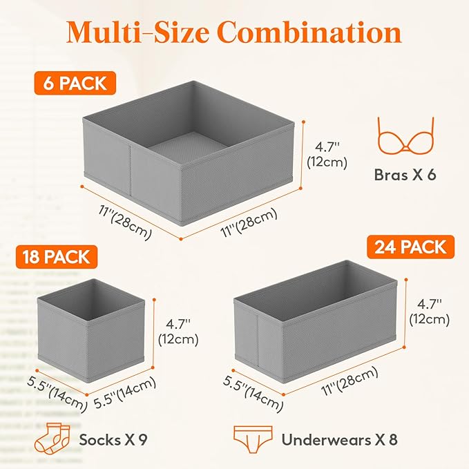 Lifewit Drawer Organizer Clothes for Closet 48 Pack, 3 Sizes Underwear Wardrobe Drawer Dividers, Fabric Foldable Dresser Storage Organizer Bins for Sock/Bra/Lingerie/Undies, Light Gray