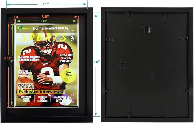 Goldfinch 4 Packs Sports Magazine Frame Displays Magazines Measuring 8.5 x 11.25 or 8.25 x 11 inches with Double Black Core Matting, Deep Frame Moulding, with Installed Hangers