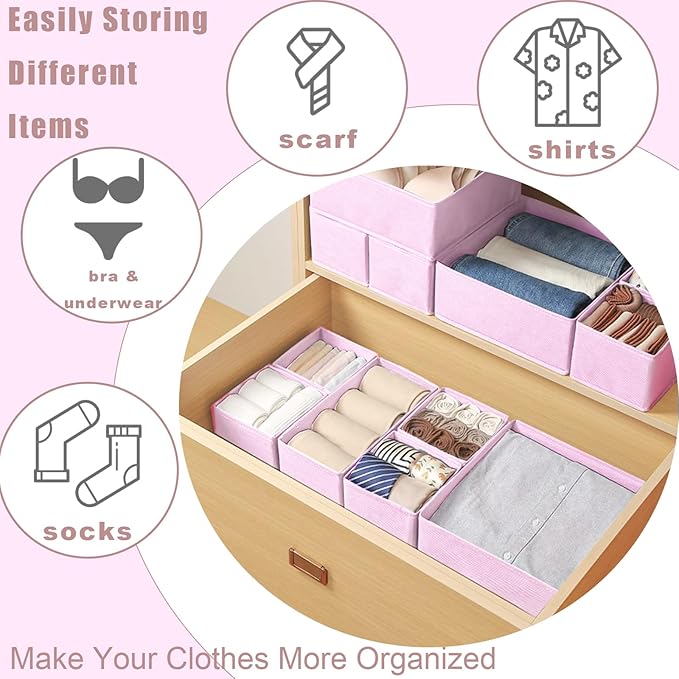 Drawer Organizer Clothes 12 Pack Clothes Organizer Dresser Drawer Organizers for Socks Underwears Bras Foldable Closet Organizers and Storage Fabric Storage Dividers for Nursery Bedroom, Pink
