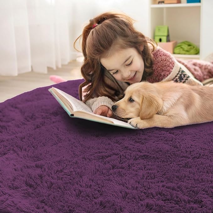 OLANLY Dark Purple Round Rugs for Bedroom - Machine Washable, 7 ft Circle Area Rugs for Living Room, Soft and Fluffy Shaggy Carpet for Teen Girl and Boys, Nursery Rooms, Dorms, Home Decor Aesthetic