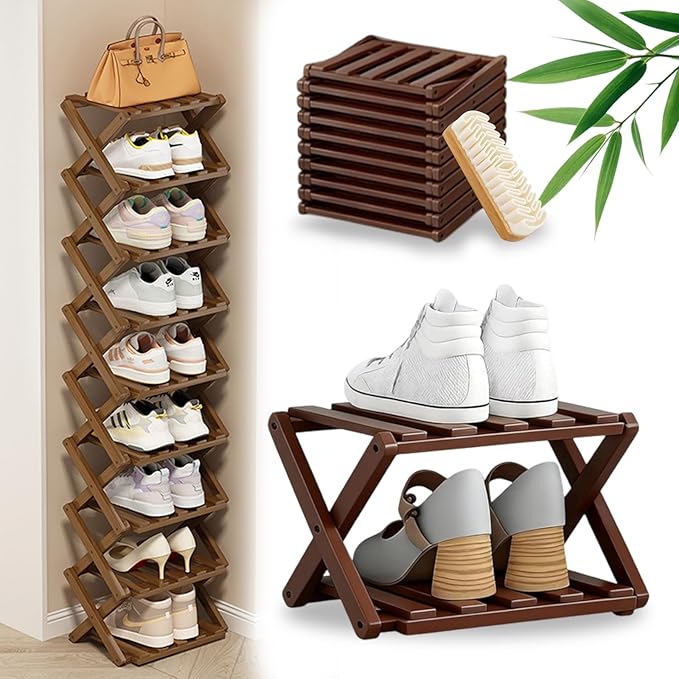 DDRIC The 9-Tier No-Assembly Bamboo Rack, Foldable 9 Tier Bamboo Shoe Rack with Collapsible Vertical Design, Space-Saving Shoe Storage Shelf for Entryway Closet Dorm, No-Tool Assembly (Brown,2)