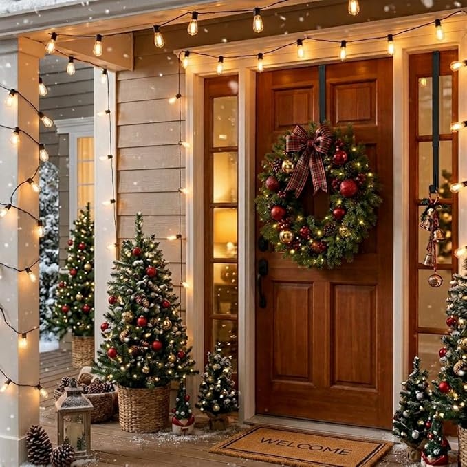 HappyFiller Wreath Hanger for Front Door, 15-25" Adjustable Heavy Duty Metal Hook Holds up to 20 lbs, Large Over the Door Wreath Holder for Christmas, Fall, Halloween Decorations & Home Decor (Black)