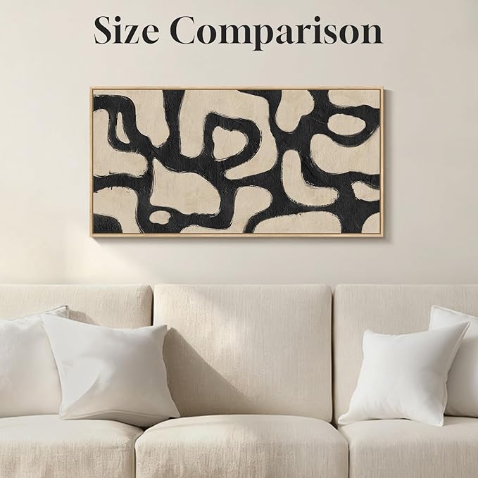 Framed Abstract Neutral Horizontal Wall Art Bedroom, Black Beige Mid Century Modern Artwork for Walls, Large Abstract Canvas Painting Print for Living Room Hallway Home Office Wall Decor, 20x40 Inch