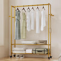 Gold Rolling Garment Rack with Shelves and Hooks,Freestanding Modern Clothing Rack with Wheels,Large Clothes Hanging Rack for Bedroom,Closet,Entryway,Wardrobe,Boutique Display