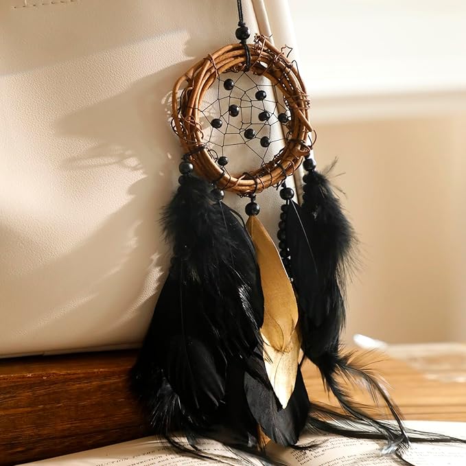 Mini Dream Catcher Car Rear View Mirror Accessories, Native American Car Interior Decor Charms Natural Rattan Black Feathers Wall Hanging Ornament for Men