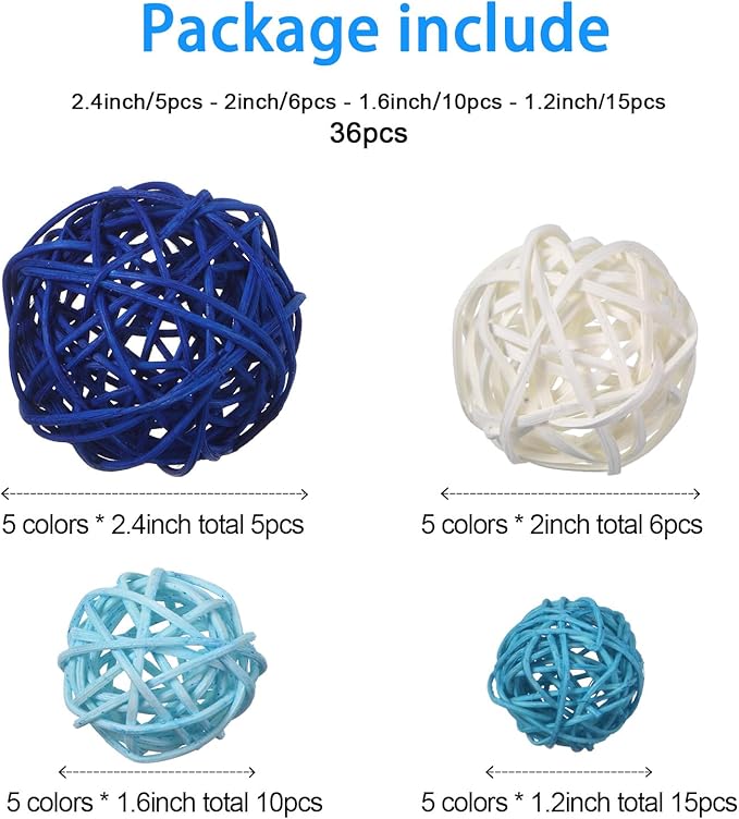 Patelai 36 Pcs Wicker Rattan Balls Decorative Balls for Vase Centerpiece Bowls Orbs Filler for Home Decor,4 Sizes(White, Blue Series,2.4'',2'',1.6'',1.2'')