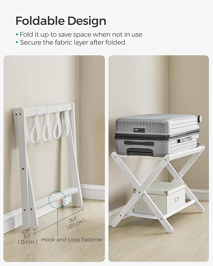 SONGMICS Luggage Rack, Set of 2, Folding Suitcase Stand with Storage Shelf, for Guest Room, Hotel, Bedroom, Heavy-Duty, Holds up to 131 lb, Cloud White URLR007W02