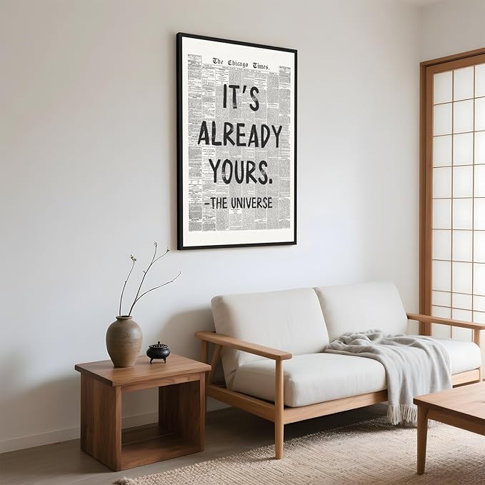 Framed Black And White Retro Newspaper Wall Art ItS Already Yours Universe Quote Poster Trendy Positive Inspirational Wall Decor for Bedroom Office Apartment Dorm Affirmation Canvas Print 24x36inch