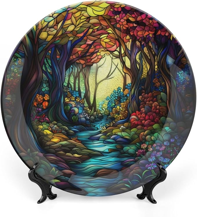 Stained Glass Theme Decorative Ceramic Plate Round Porcelain Plate,10 inch,Sunrise Forest Stream Pattern,for Decorative Ornaments Giving Plates, 1 Plate with 1 Display Stand,Multicolor