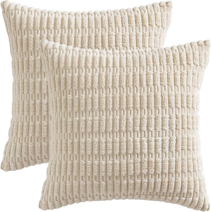 MIULEE Pack of 2 Corduroy Decorative Throw Pillow Covers 12x12 Inch Soft Boho Striped Pillow Covers Modern Farmhouse Home Decor for Sofa Living Room Couch Bed Cream White