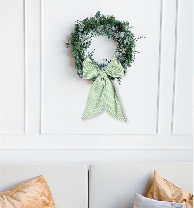 Christmas Wreath Sash for Front Door, Green Stripes Burlap Sash Holiday Wreath Accessories for Home Wedding Birthday Decorations