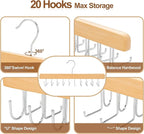 TOPIA HANGER 2 Pack 2 in 1 Belt Tie Hanger for Closet Max 60 Belts with 60 Ties Capacity, 20 Hooks Belt Tie Racks Wooden Hanger for Closet Organizer Space Saving “U” Fit Belt and “一” Fit Tie - CT59N