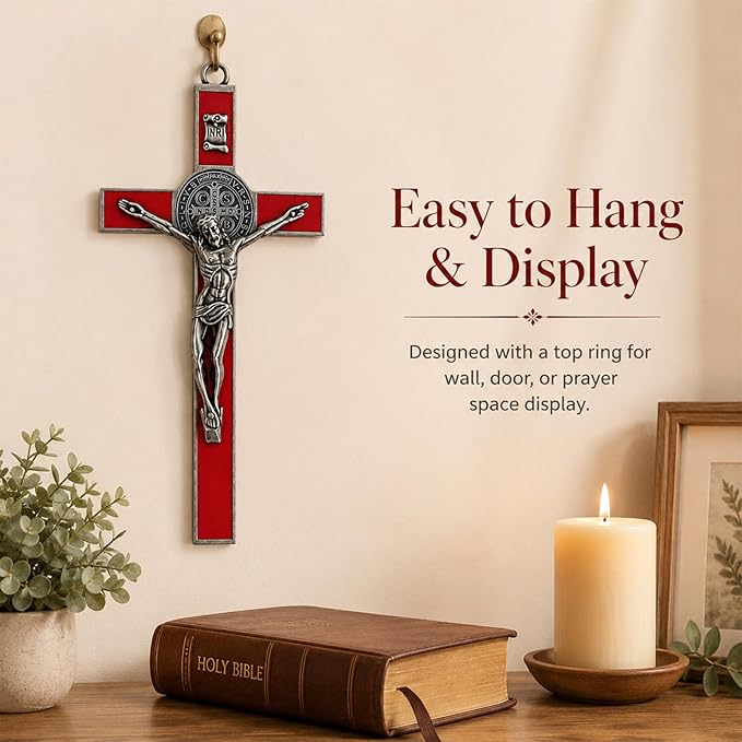 TALPGOD St Benedict Crucifix Silver Red 7.2 Inch,Crucifix Wall Cross for Catholic Decor,Jesus Christ Hanging Cross Wall Art Decor,Escapularios Catolicos,Saint Benedict Medal for Home Decoration