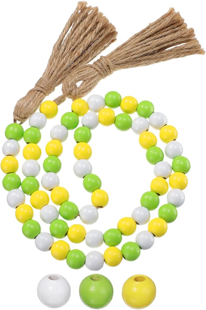 Equsion Seasonal Wooden Bead Garland with Tassels, 3.3 ft Holiday Vintage Boho Bead Garland Easter Tray Decoration, Vase Wall Room Art Birthday Party Decoration(Lemon Color)