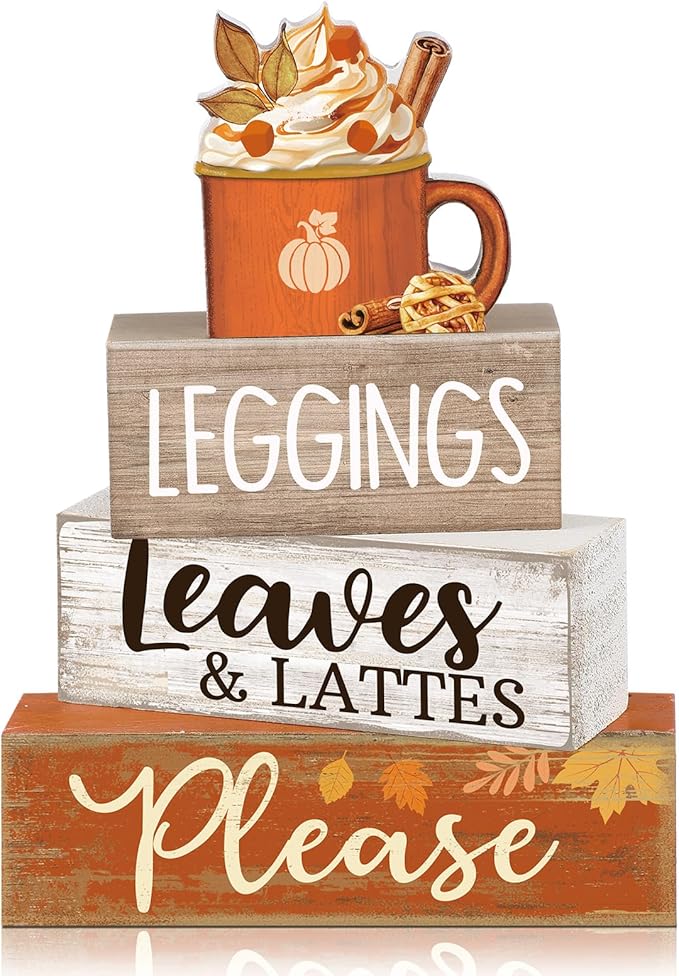 Lineshading 4 Pcs Fall Coffee Table Decor Fall Decoration for Home Wooden Stacked Block with Pumpkin Latte Topper Rustic Thanksgiving Tiered Tray Decor for Harvest Party Home Kitchen Coffee Bar Shelf