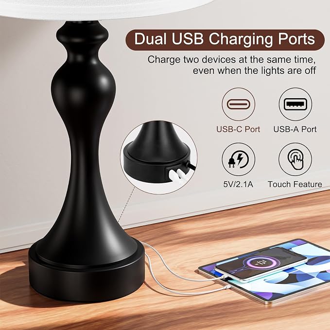 Seealle Touch Lamps for Nightstand - Bedside Lamps Set of 2, 3 Way Dimmable, USB C+A for Bedroom & End Tables (White&Black)