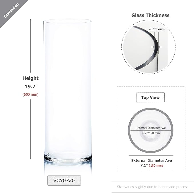 WGV Cylinder Vase Bulk, Width 7", Height 20", Clear Wide Large Diameter Flower Glassware, Floral Container, Planter Terrarium for Wedding Party Event, Home Accent Decor, 4 Pieces