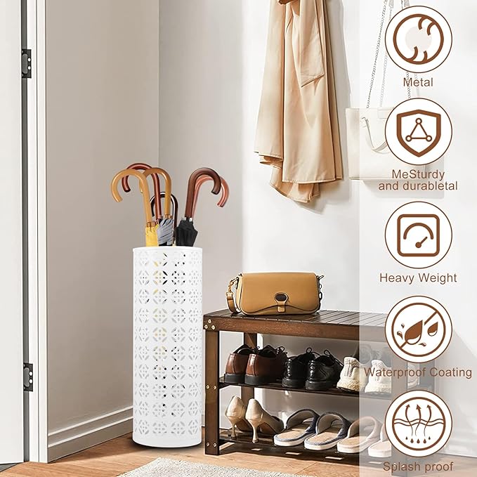 Metal Umbrella Stand - Round Storage Rack and Freestanding Organizer Bin for Home, Office, Hotel Entryway - 5.916.5" (White)