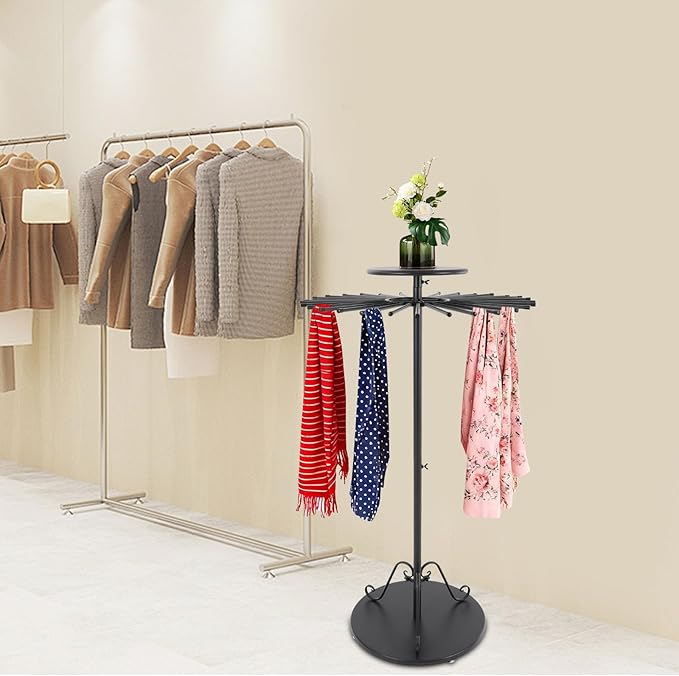 Scarf Display Stand, Commercial Hijab Organizer with 30 Rods, 360°Rotation Scarf Holder Display Rack Organizer for Boutique Retail Store, Apartment, Home Use (Black, 27.6'')