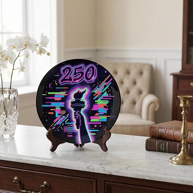 250th Anniversary Decorative Plates 10 Inch Patriotic Decorations Liberty Neon Glitch Commemorative Plates with Stand Memorial Day 4th of July Veterans Day Home & Office