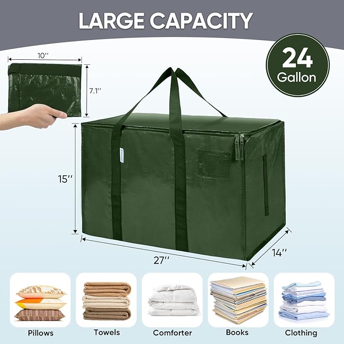TICONN 4 Pack Extra Large Moving Bags Heavy Duty with Zippers & Carrying Handles, Durable Storage Bags Moving Boxes for Closet Organizers and Storage (4 Pack, Olive)