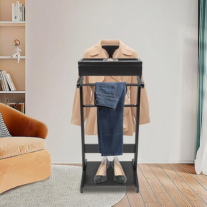 Wood Men Valet Stand, Freestanding Suit Stand with Top Tray, Valet & Suit Stands for Entryways, Living Rooms, Hallways,17.5 * 14.3 * 43.3in (Black)