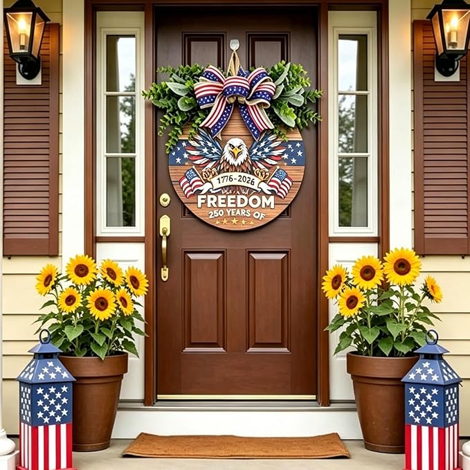 250th Anniversary Patriotic Wreath for Front Door, 250 Years of Freedom Wooden Door Sign, 4th of July Decorations Outdoor & Memorial Day Decor for Home (Color-Freedom2)