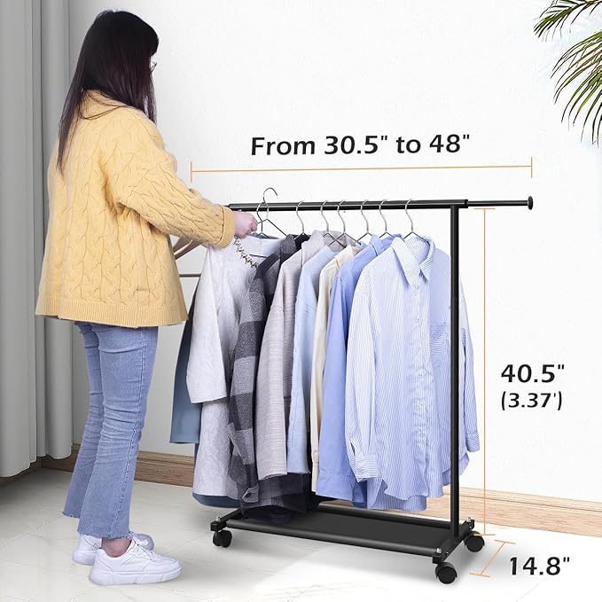 MISSLO Short Clothing Racks for Hanging Clothes with Bottom Shelves and Wheels Heavy Duty Rolling Clothes Rack Kids Clothing Rack for Adult Coat, Closet, Wardrobe (Black)