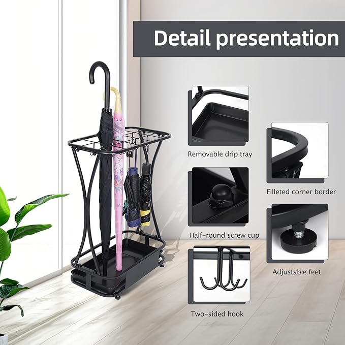15 Slot Umbrella Stand with 8 Hooks – Heavy Duty Metal Indoor Umbrella Rack Holder with Removable Drip Tray – Large Commercial Entryway Organizer for Office, Lobby or Home