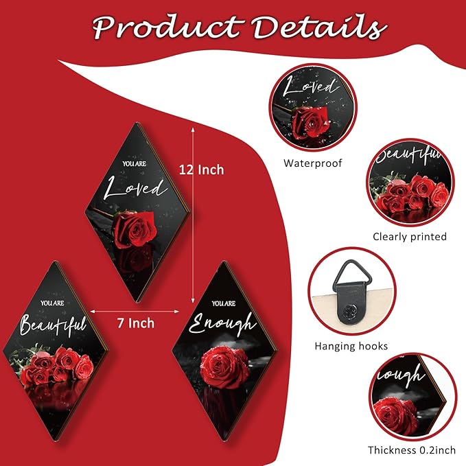 ONIZHITY 3 Pieces Red Bathroom Decor Rose Wooden Wall Decor Positive Quotes You Are Beautiful Red Wall decor Red and Black Wall Decor for Bedroom Room Kitchen Bathroom Wedding Decor(12 x 7 inch)