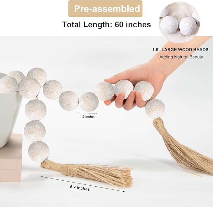 OMISHE 60" Long Extra Large Wood Bead Garland with 1.6" Diameter Wooden Beads and Tassels, Rustic Farmhouse Country Decorative Beads for Home Tiered Tray Decor, Rustic White