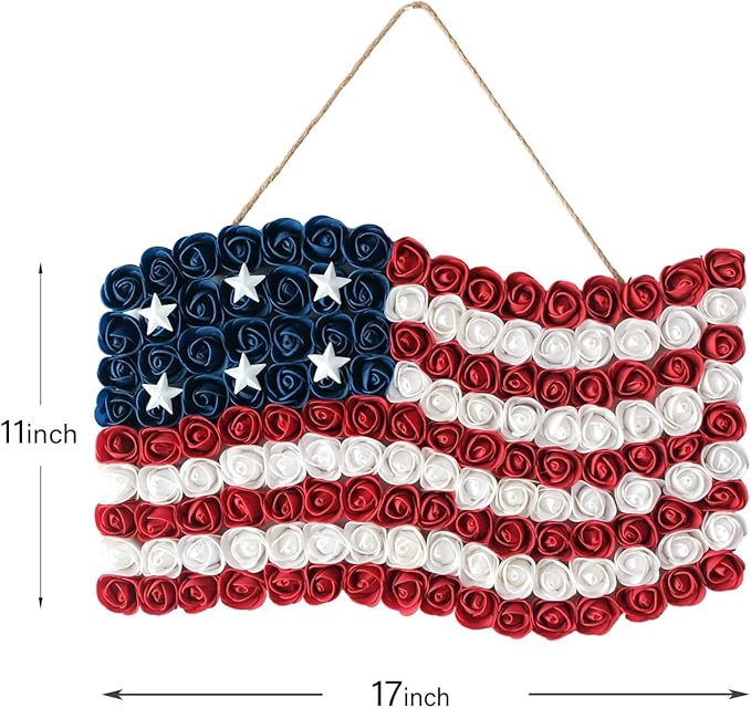 Idyllic 4th of July Wreath Patriotic Independence Day Wreath for Front Door, 17 * 11Inch Window Wall Patio Decoration Memorial Day Americana with Red White and Blue American Flag