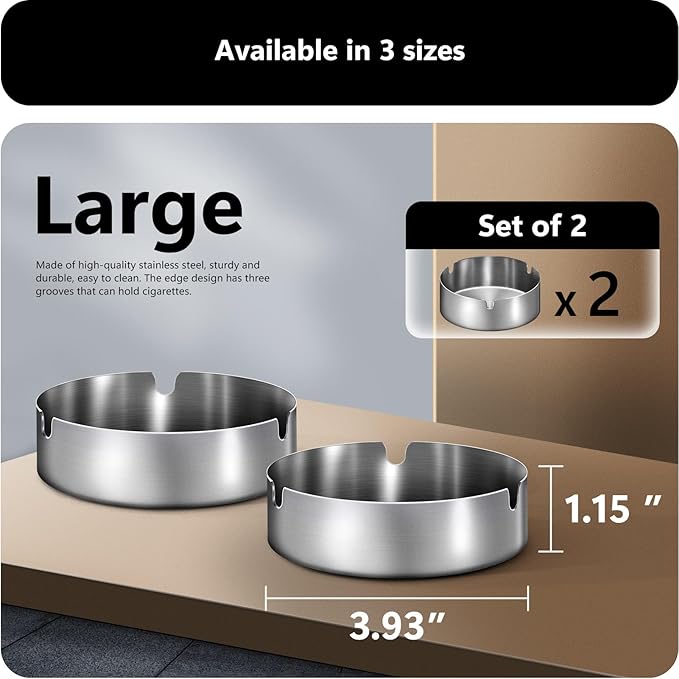 roygra Ash Tray (2 Pack), Outdoor Ashtray for Outside Patio, Stainless Steel Ashtrays for Cigarettes with 3 Holder, Smoking Accessories, Home Décor, Ashtrays for Smokers Indoor - Red, Large