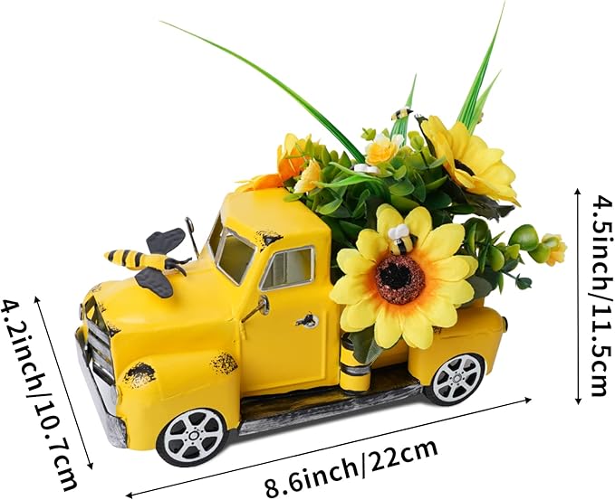 Metal Truck Decor with Sunflowers, Honey Bee, Fall Table Decor for Home, Farmhouse, Vintage Pickup for Living Room, Kitchen Table Centerpiece, Yellow